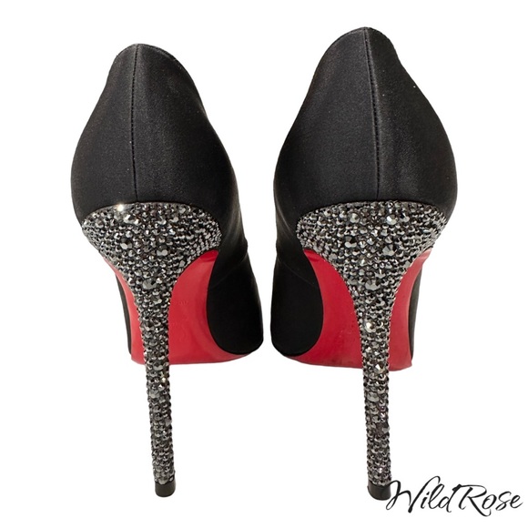CHRISTIAN LOUBOUTIN Black Satin Rhinestone Embellished Heels SZ 38 - Picture 3 of 15